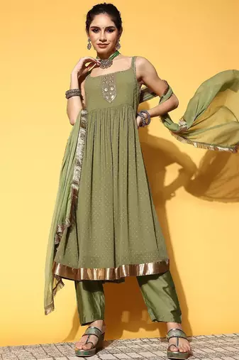 Women Textured Poly Georgette Spaghetti Straps Kurta Set