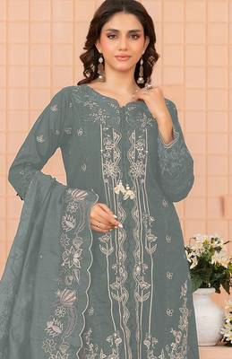 Sea green embroidered cotton semi-stitched pakistani salwar suit 2