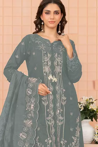 Sea green embroidered cotton semi-stitched pakistani salwar suit