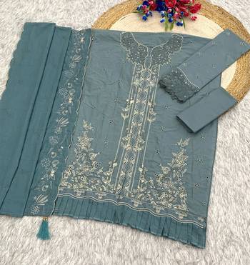 Sea green embroidered cotton semi-stitched pakistani salwar suit 3