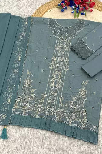 Sea green embroidered cotton semi-stitched pakistani salwar suit