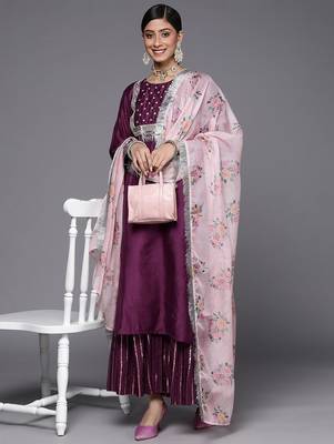 Women Purple Embroidered Chanderi Silk Kurta with Sharara & With Dupatta 1