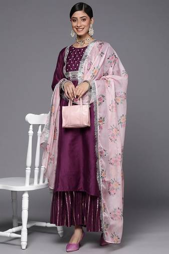 Women Purple Embroidered Chanderi Silk Kurta with Sharara & With Dupatta