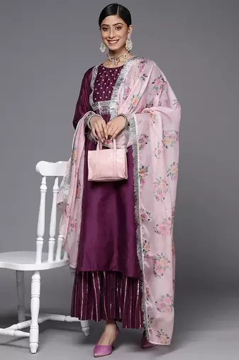 Women Purple Embroidered Chanderi Silk Kurta with Sharara & With Dupatta