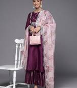 Women Purple Embroidered Chanderi Silk Kurta with Sharara & With Dupatta