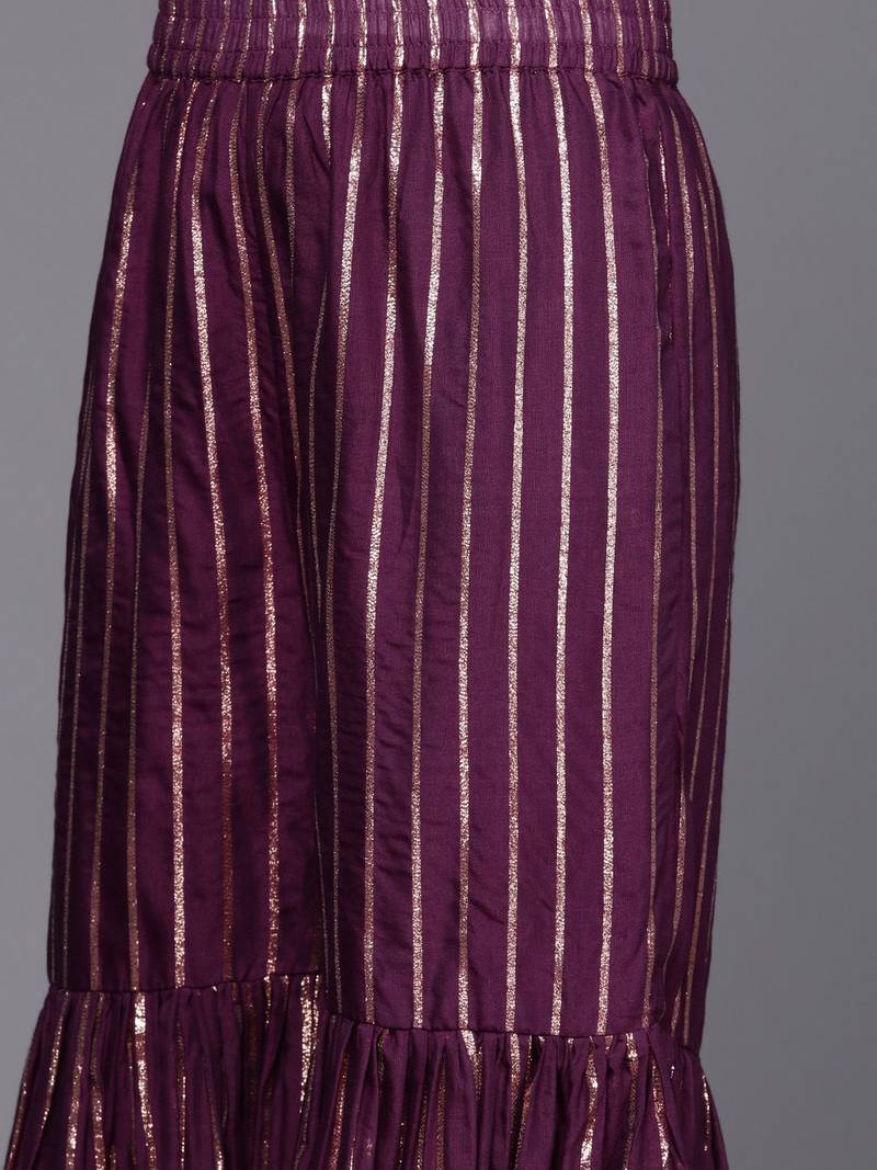 Women Purple Embroidered Chanderi Silk Kurta with Sharara & With Dupatta