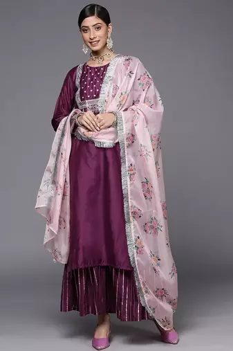 Women Purple Embroidered Chanderi Silk Kurta with Sharara & With Dupatta