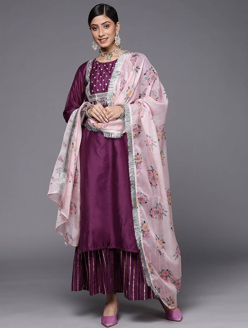 Women Purple Embroidered Chanderi Silk Kurta with Sharara & With Dupatta