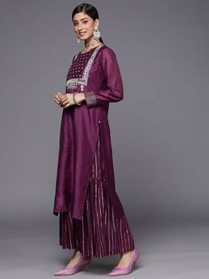 Women Purple Embroidered Chanderi Silk Kurta with Sharara & With Dupatta 6
