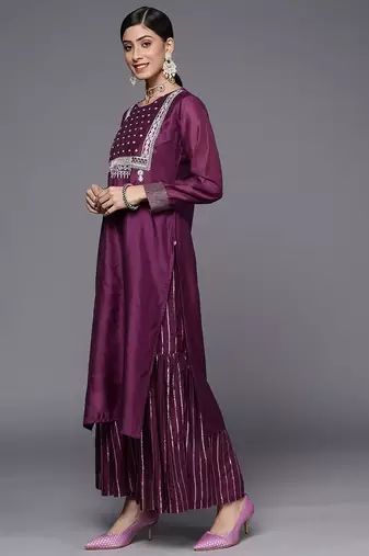 Women Purple Embroidered Chanderi Silk Kurta with Sharara & With Dupatta