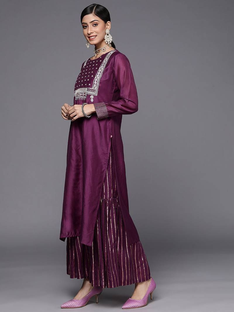 Women Purple Embroidered Chanderi Silk Kurta with Sharara & With Dupatta