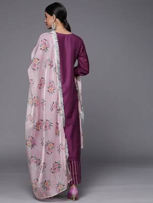 Women Purple Embroidered Chanderi Silk Kurta with Sharara & With Dupatta 7