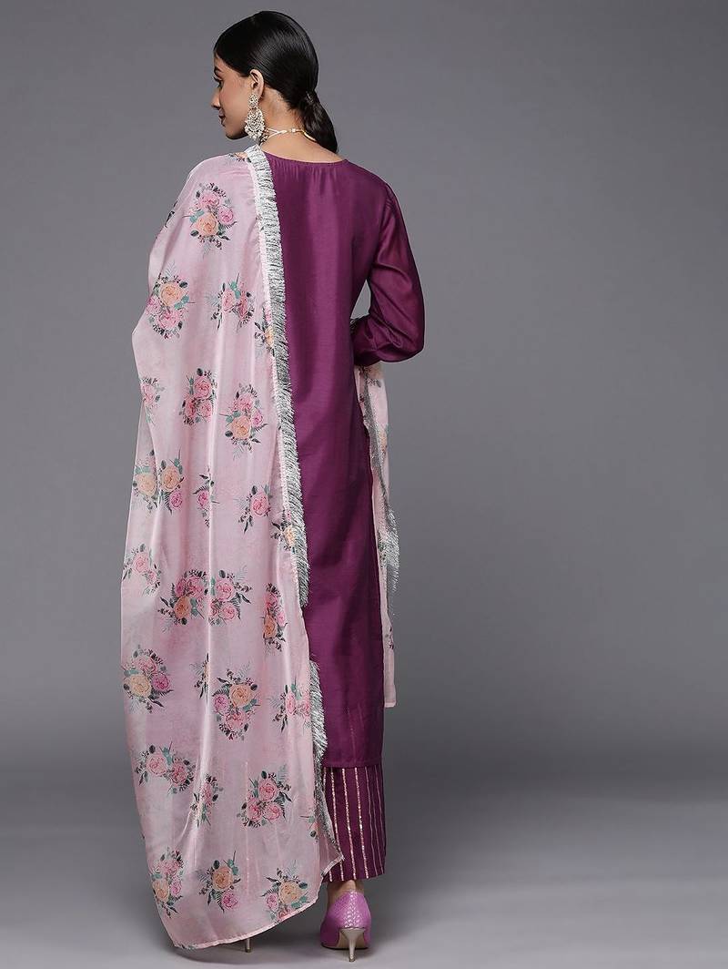 Women Purple Embroidered Chanderi Silk Kurta with Sharara & With Dupatta
