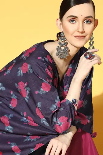 Women Navy Blue Floral Printed Kurta with Trousers