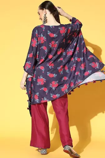 Women Navy Blue Floral Printed Kurta with Trousers