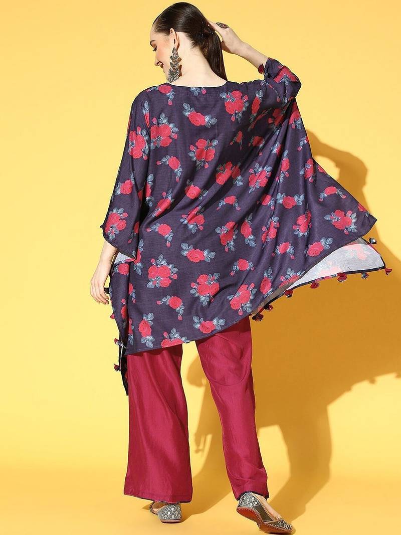 Women Navy Blue Floral Printed Kurta with Trousers