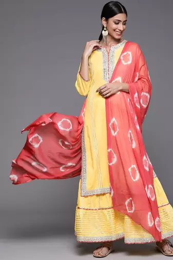 Women Yellow Gotta Patti Pure Cotton Kurta with Sharara & With Dupatta