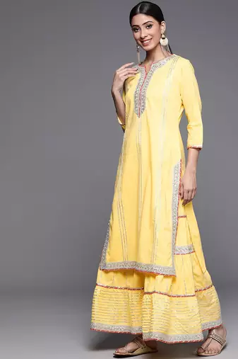 Women Yellow Gotta Patti Pure Cotton Kurta with Sharara & With Dupatta