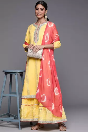 Women Yellow Gotta Patti Pure Cotton Kurta with Sharara & With Dupatta