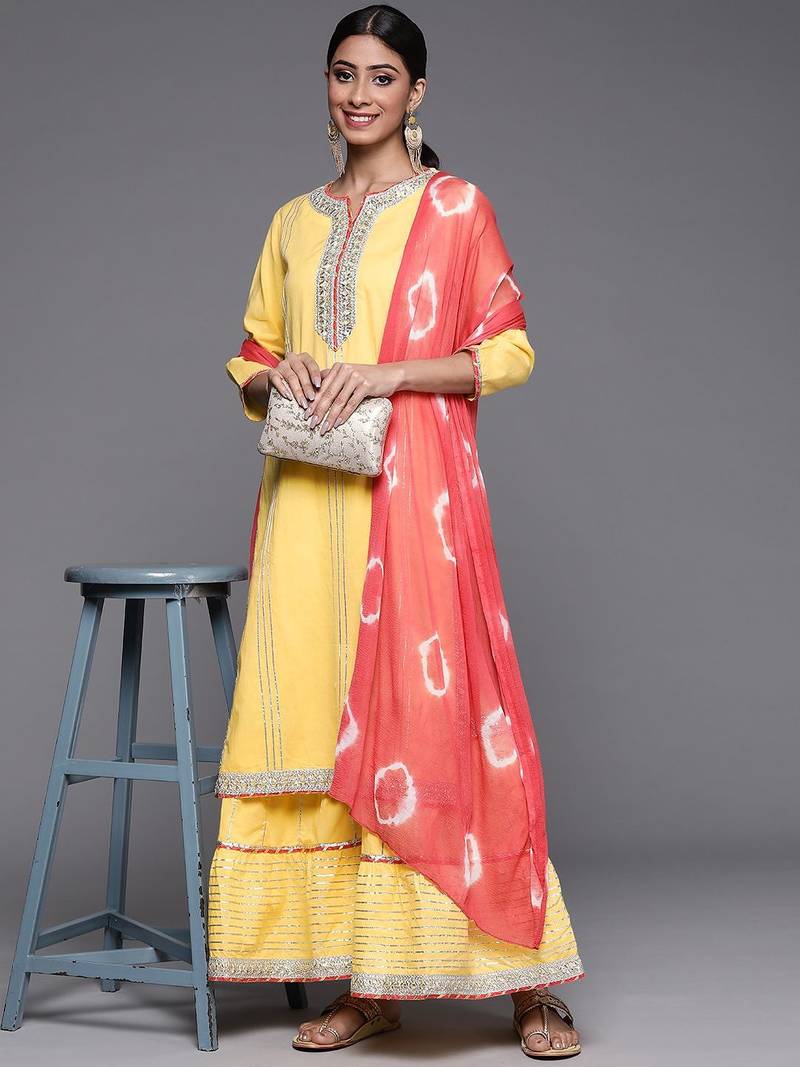 Women Yellow Gotta Patti Pure Cotton Kurta with Sharara & With Dupatta