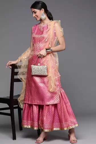 Women Peach-Coloured & Beige Floral Sequinned Kurta with Sharara & With Dupatta