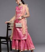Women Peach-Coloured & Beige Floral Sequinned Kurta with Sharara & With Dupatta