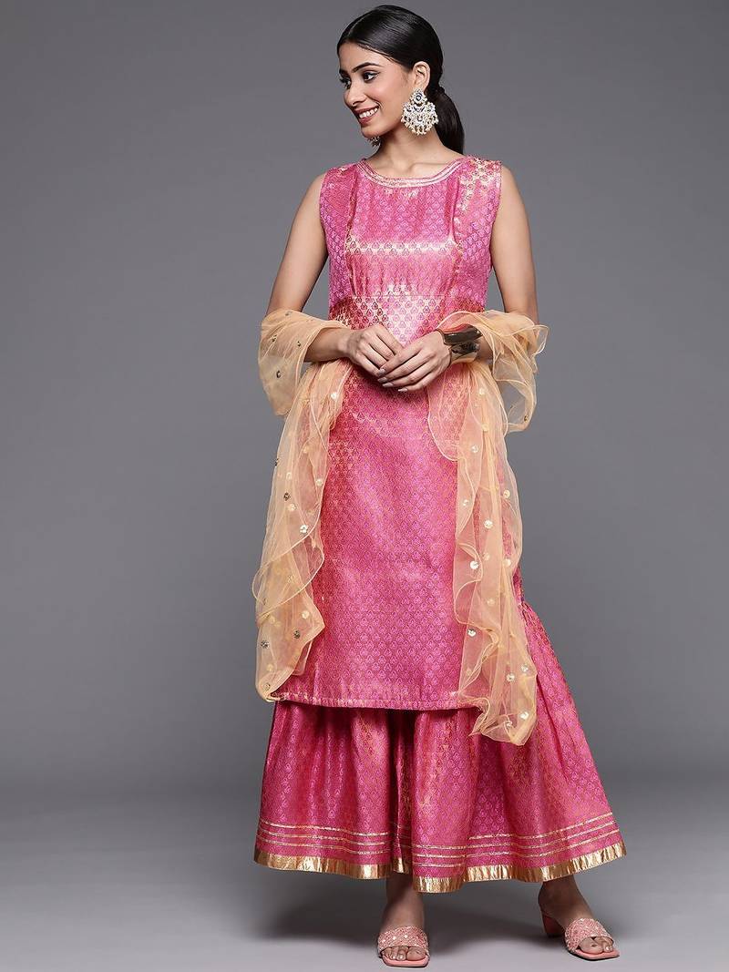 Women Peach-Coloured & Beige Floral Sequinned Kurta with Sharara & With Dupatta