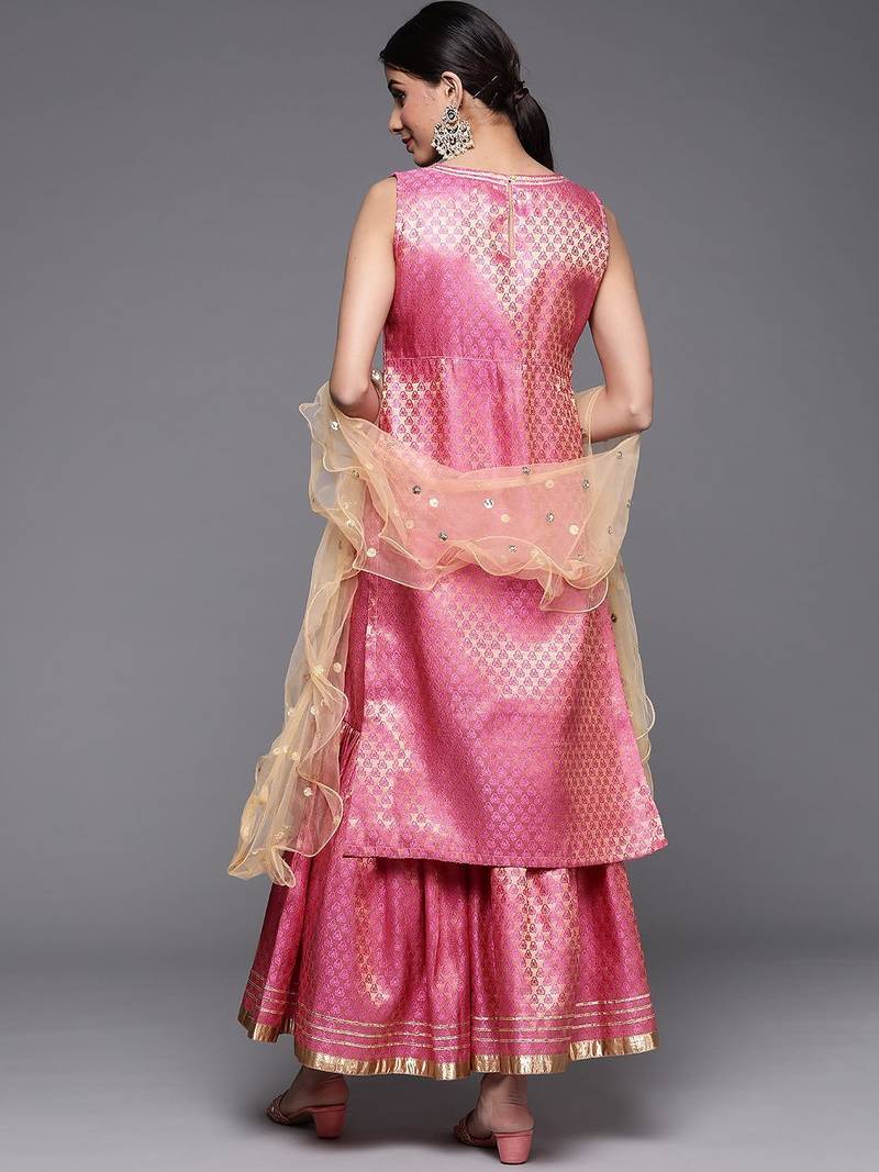 Women Peach-Coloured & Beige Floral Sequinned Kurta with Sharara & With Dupatta