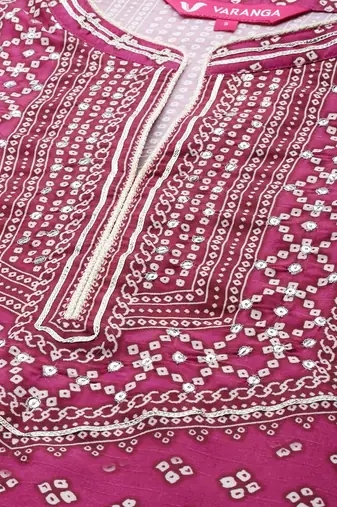 Women Magenta Bandhani Printed Kurta with Trousers