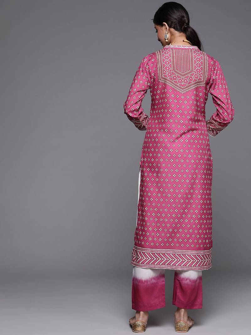 Women Magenta Bandhani Printed Kurta with Trousers