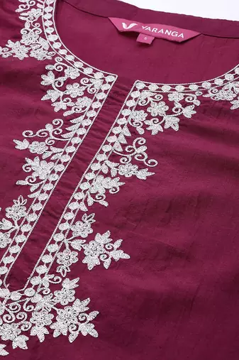 Women Magenta Yoke Design Kurta with Trousers & With Dupatta