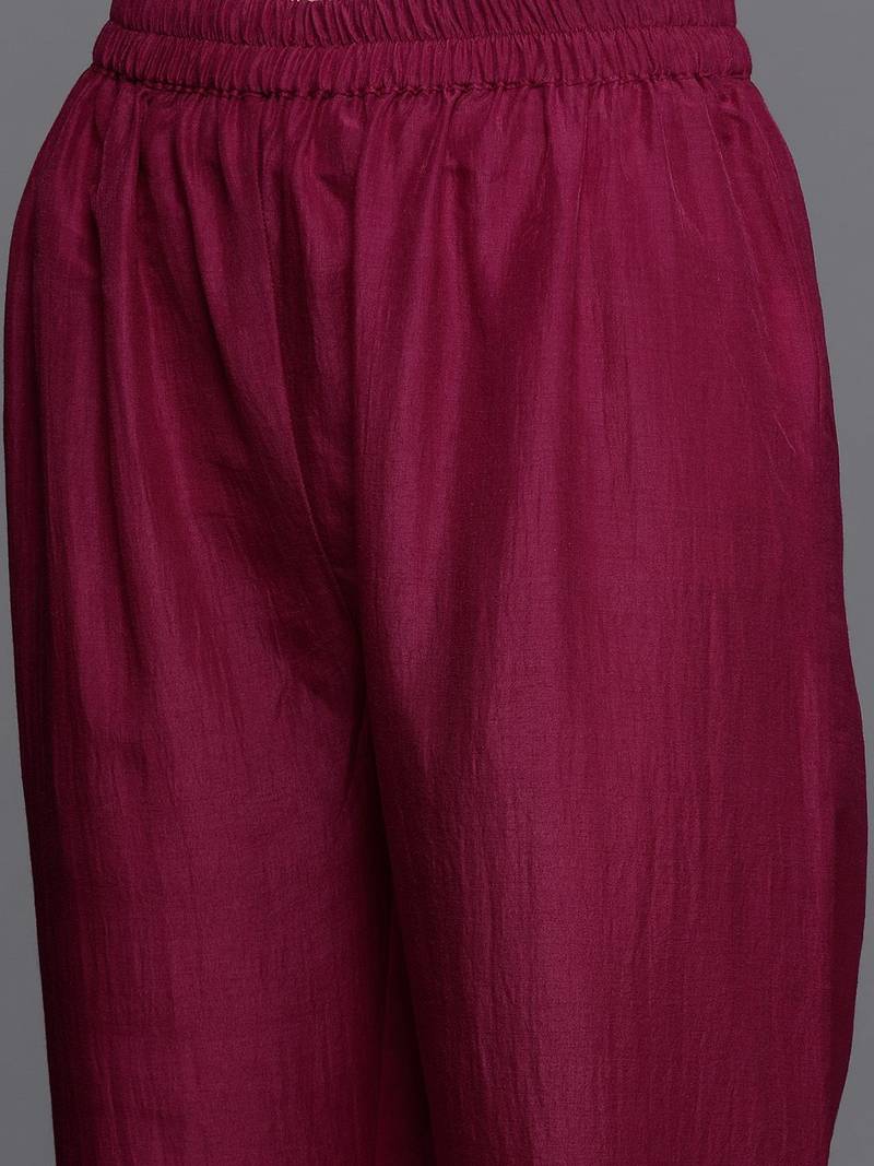 Women Magenta Yoke Design Kurta with Trousers & With Dupatta