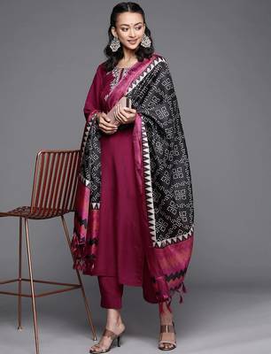 Women Magenta Yoke Design Kurta with Trousers & With Dupatta 1