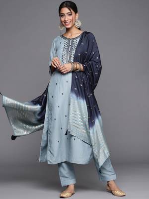 Women Blue & Silver Floral Sequined Straight Kurta Trousers & Ombre Dyed Dupatta 1