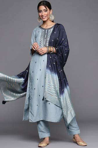 Women Blue & Silver Floral Sequined Straight Kurta Trousers & Ombre Dyed Dupatta