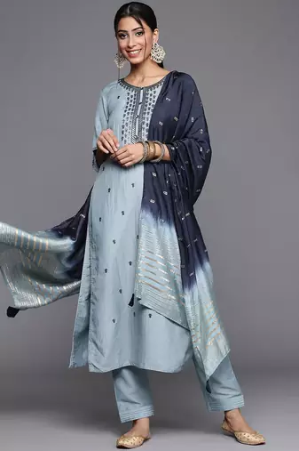Women Blue & Silver Floral Sequined Straight Kurta Trousers & Ombre Dyed Dupatta