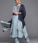 Women Blue & Silver Floral Sequined Straight Kurta Trousers & Ombre Dyed Dupatta