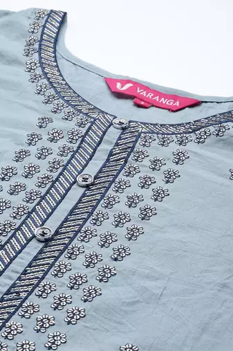 Women Blue & Silver Floral Sequined Straight Kurta Trousers & Ombre Dyed Dupatta