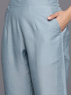 Women Blue & Silver Floral Sequined Straight Kurta Trousers & Ombre Dyed Dupatta 3