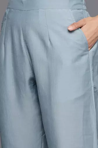 Women Blue & Silver Floral Sequined Straight Kurta Trousers & Ombre Dyed Dupatta