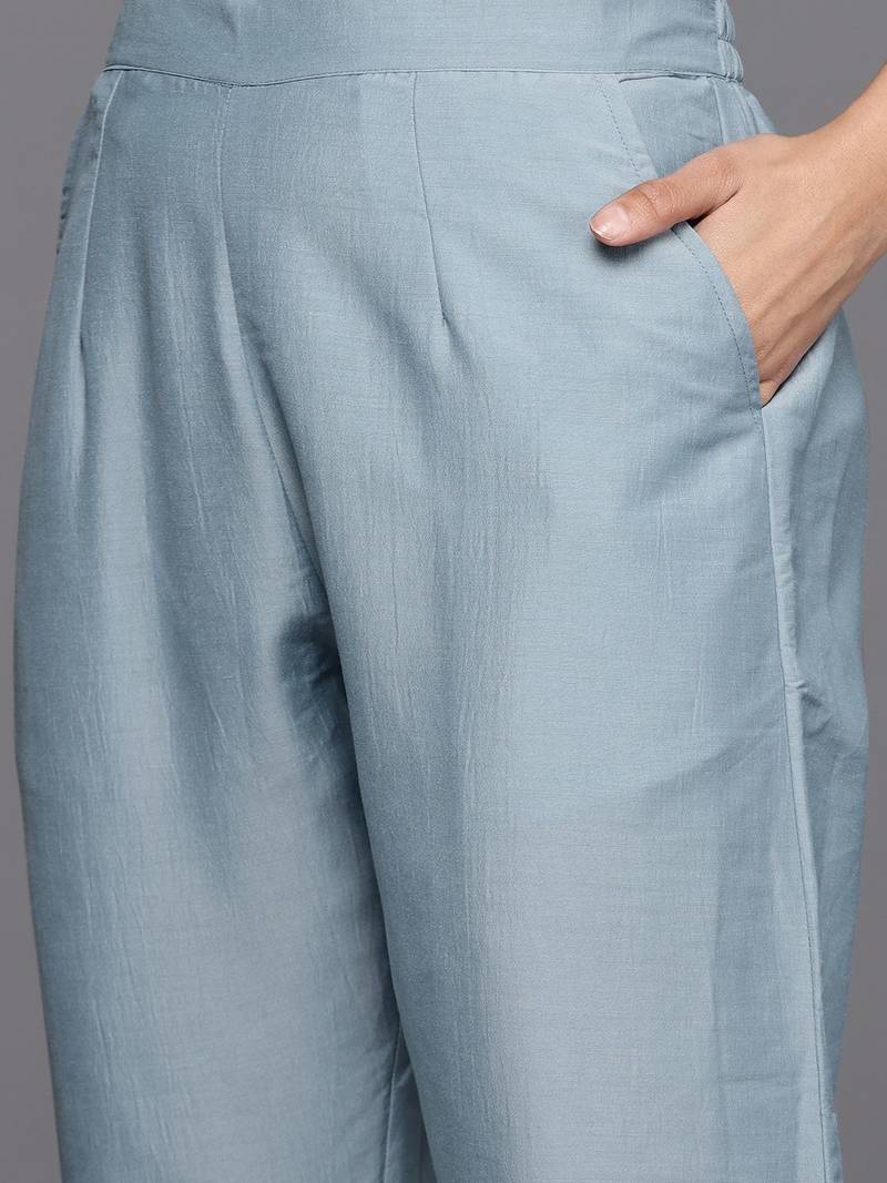 Women Blue & Silver Floral Sequined Straight Kurta Trousers & Ombre Dyed Dupatta