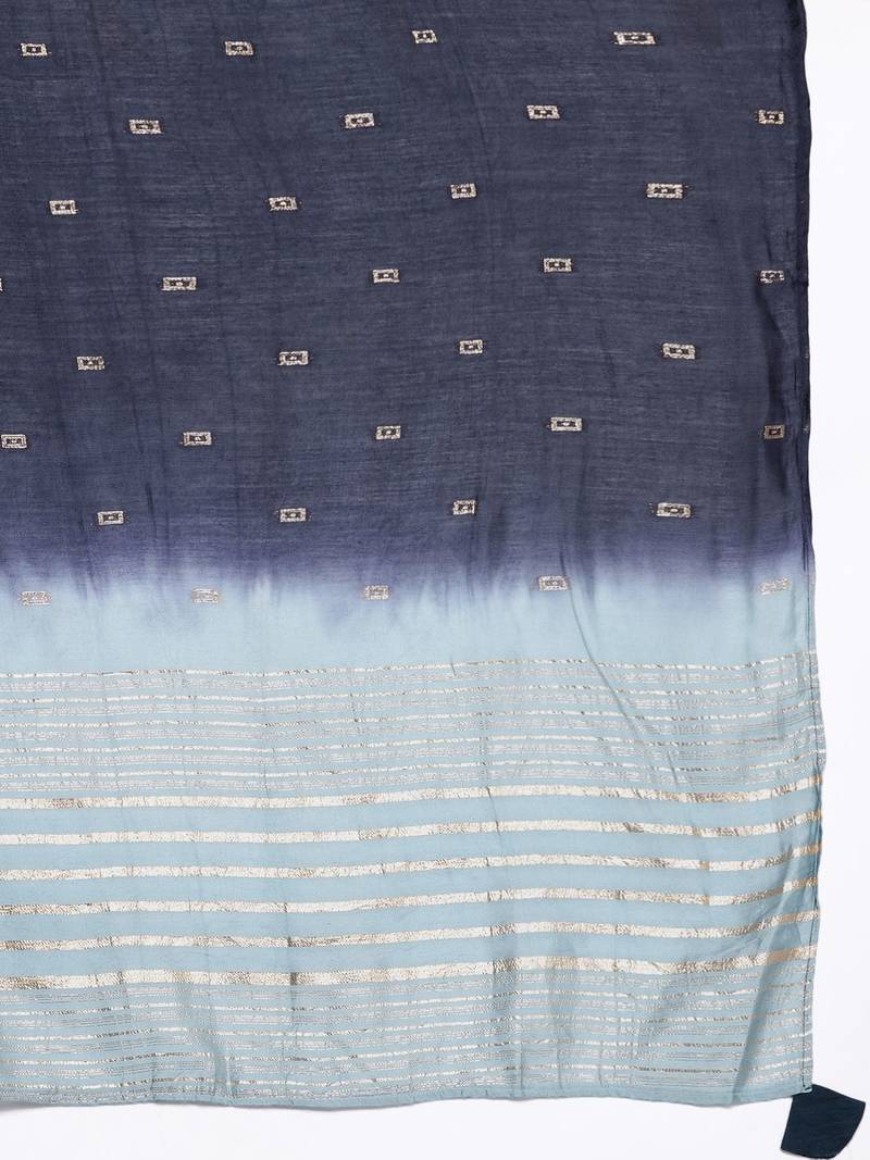 Women Blue & Silver Floral Sequined Straight Kurta Trousers & Ombre Dyed Dupatta