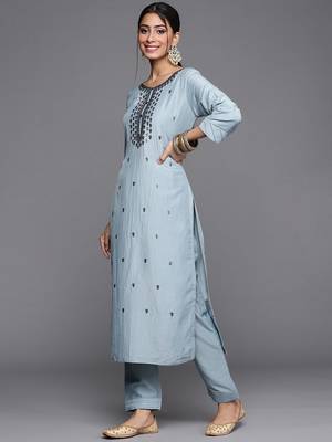 Women Blue & Silver Floral Sequined Straight Kurta Trousers & Ombre Dyed Dupatta 5