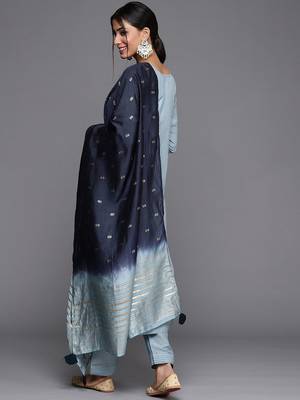 Women Blue & Silver Floral Sequined Straight Kurta Trousers & Ombre Dyed Dupatta 6