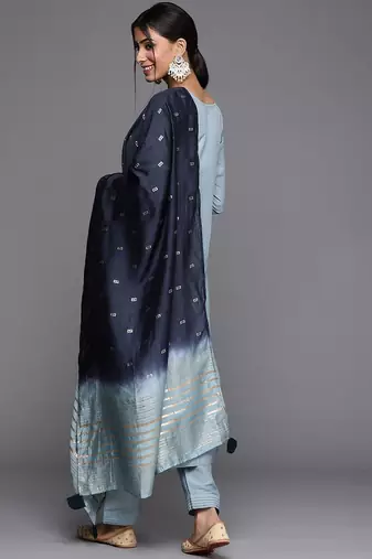 Women Blue & Silver Floral Sequined Straight Kurta Trousers & Ombre Dyed Dupatta