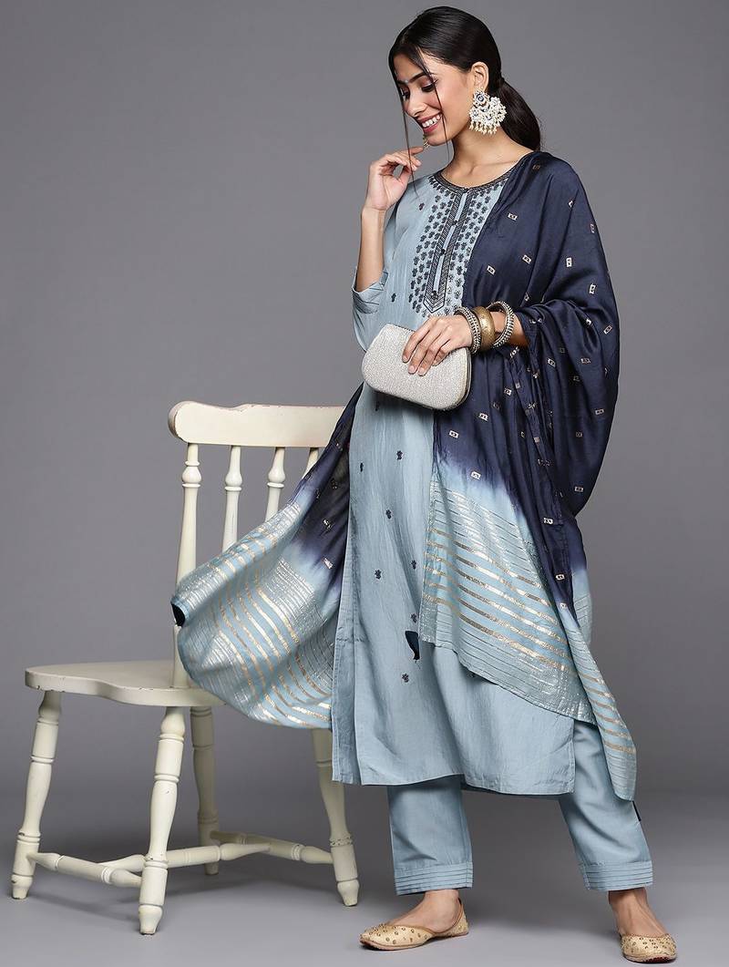 Women Blue & Silver Floral Sequined Straight Kurta Trousers & Ombre Dyed Dupatta