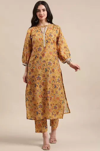 Women Mustard Yellow Floral Printed Straight Kurta with Trousers