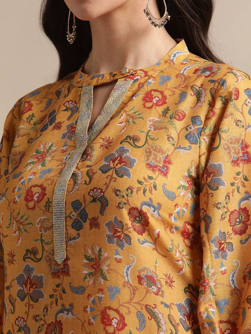 Women Mustard Yellow Floral Printed Straight Kurta with Trousers
