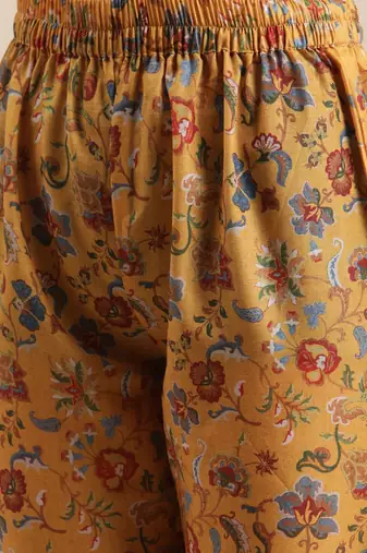 Women Mustard Yellow Floral Printed Straight Kurta with Trousers