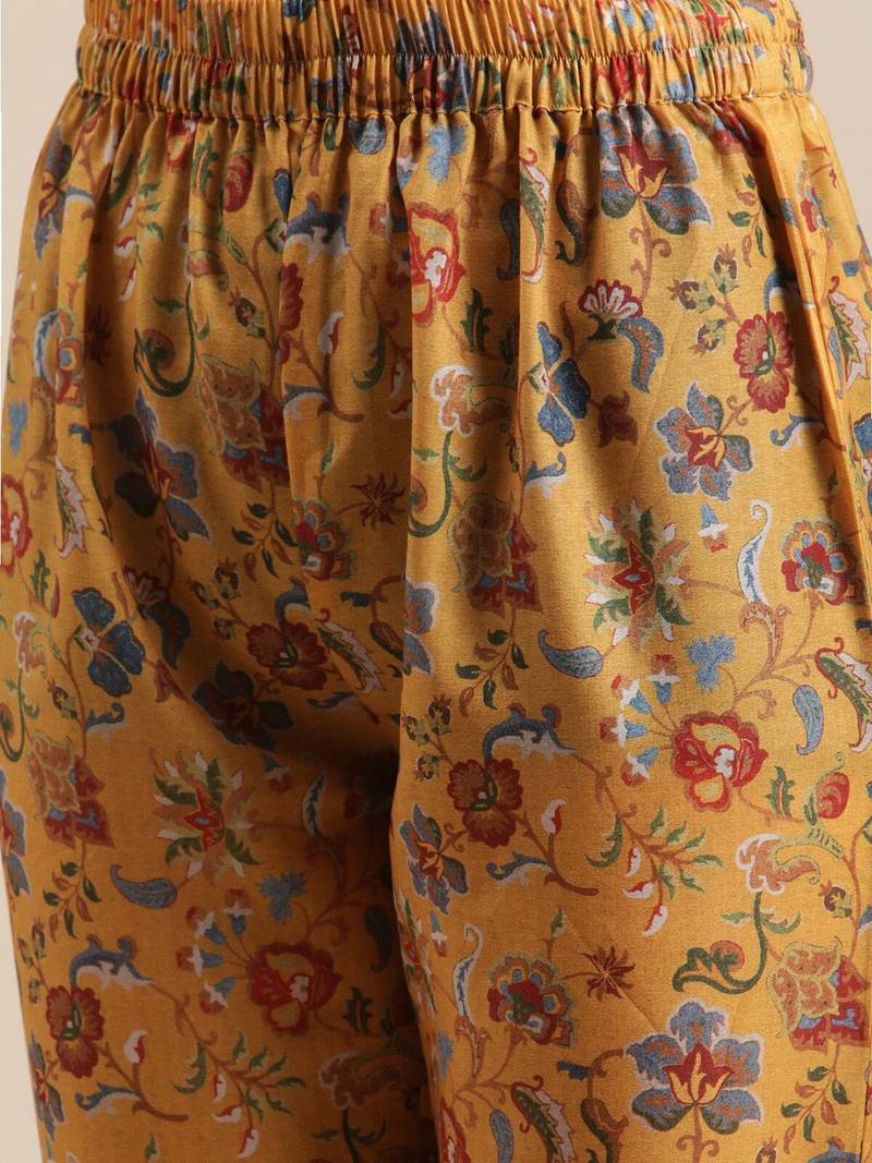 Women Mustard Yellow Floral Printed Straight Kurta with Trousers